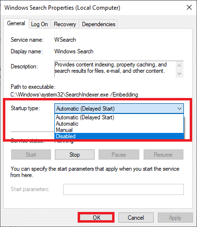 Aquí, en la pestaña General, establezca el Tipo de inicio en Deshabilitado. Solucione el alto uso de CPU del servicio SoftThinks Agent Service en Windows 10