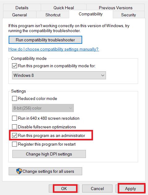 marque la opción Ejecutar este programa como administrador en la sección Configuración.  Cómo arreglar una conexión poco confiable en CSGO