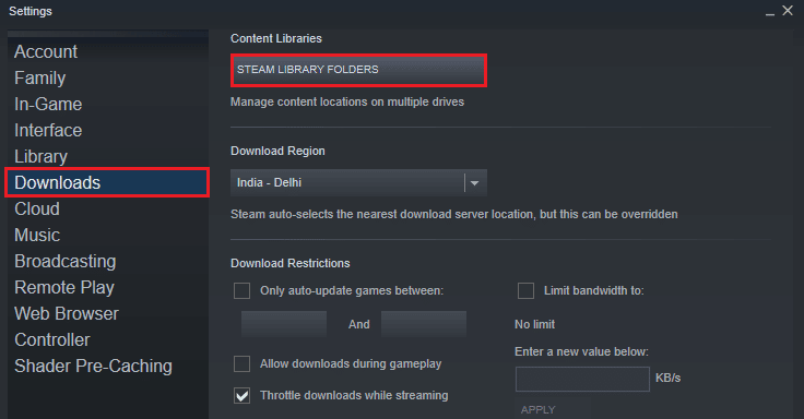 Haga clic en Descargas y seleccione CARPETAS DE BIBLIOTECA DE STEAM