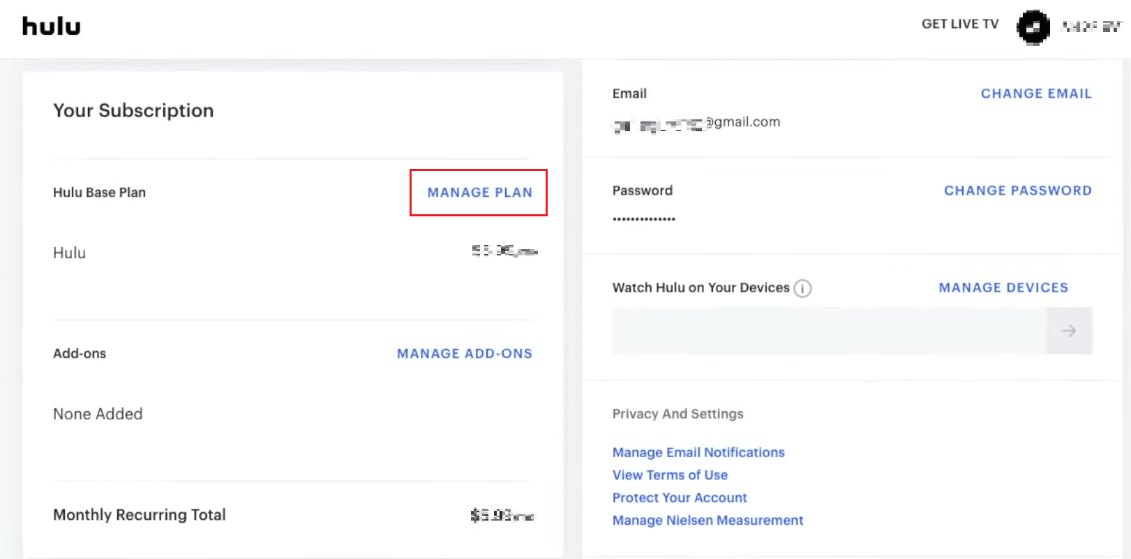 Haga clic en GESTIONAR PLAN | Cómo administrar la cuenta de Hulu | cambiar de plan en Hulu
