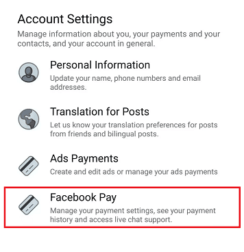 Navegue por Facebook Pay en Configuración de la cuenta y tóquelo.