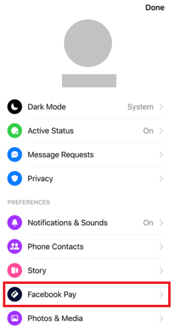 Ve a tu perfil de Messenger y toca Facebook Pay.