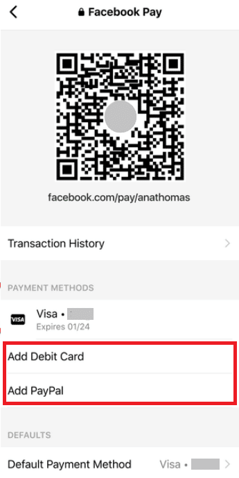 Use cualquiera de los métodos de pago tocando la opción Agregar tarjeta de débito o Agregar PayPal.