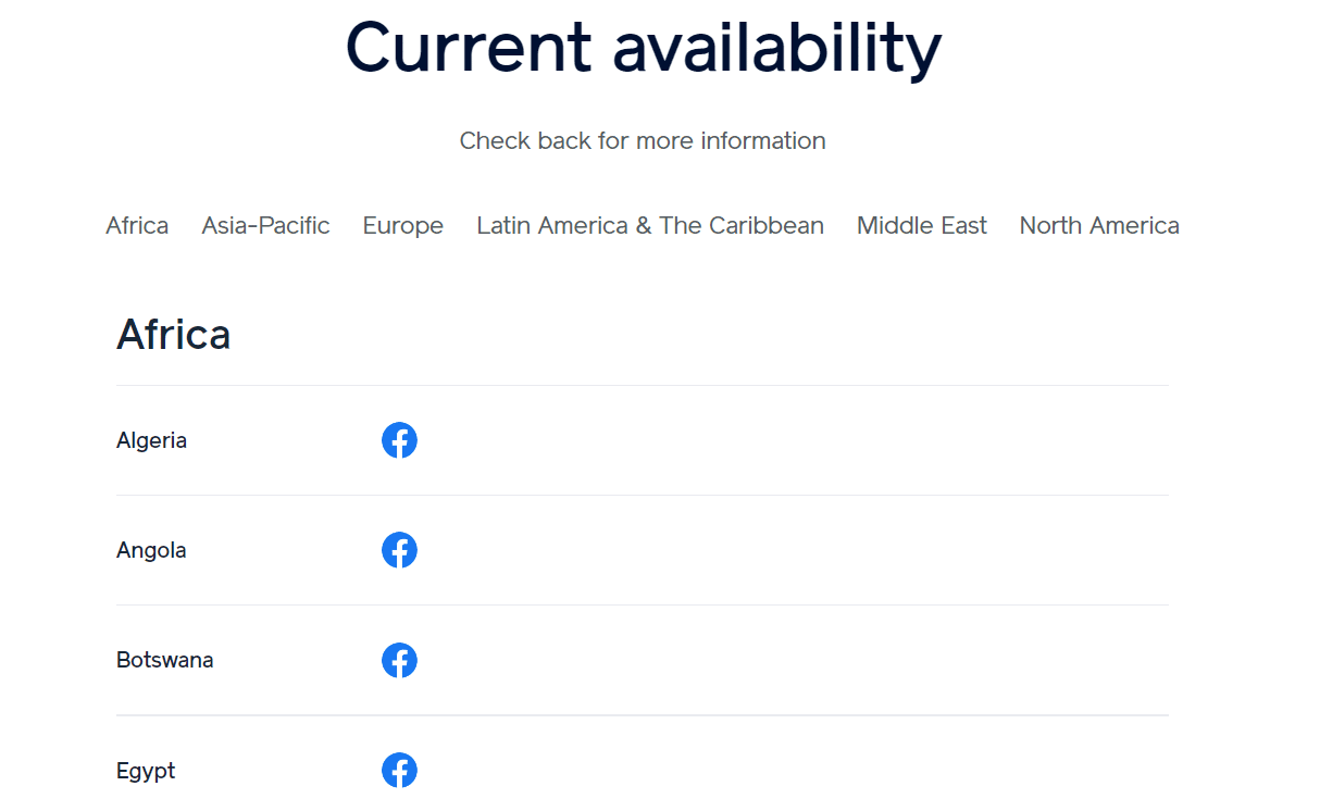 Página de disponibilidad de Facebook Pay
