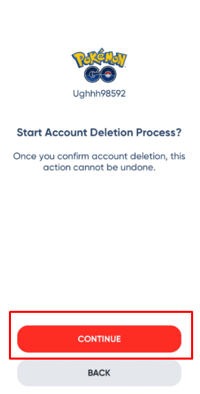 Toca Continuar para eliminar tu cuenta de Pokémon GO |  vincular varias cuentas de Pokémon GO