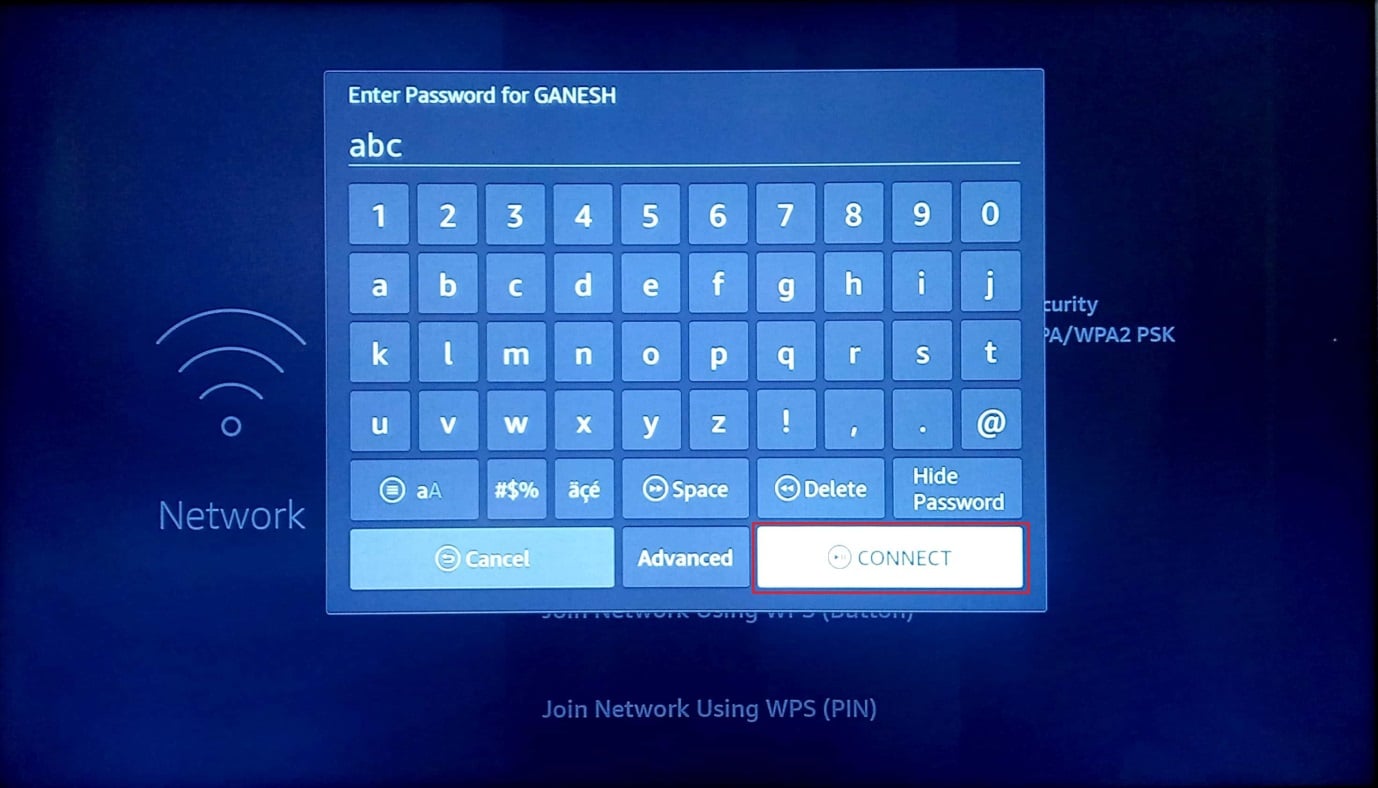 presione conectar después de ingresar la contraseña correcta. Solucione el problema lento de Amazon Fire Stick