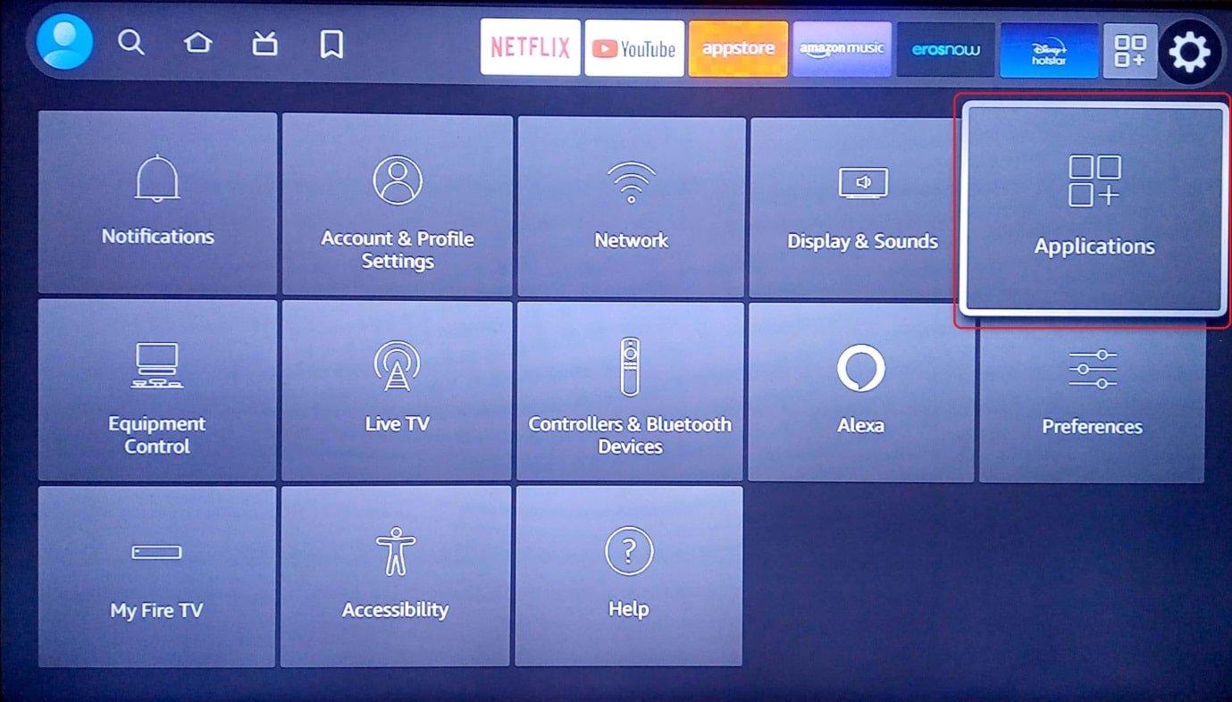presione en aplicaciones. Solucione el problema lento de Amazon Fire Stick