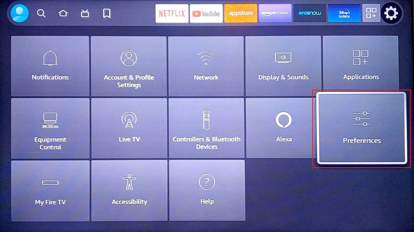presione en preferencias. Solucione el problema lento de Amazon Fire Stick