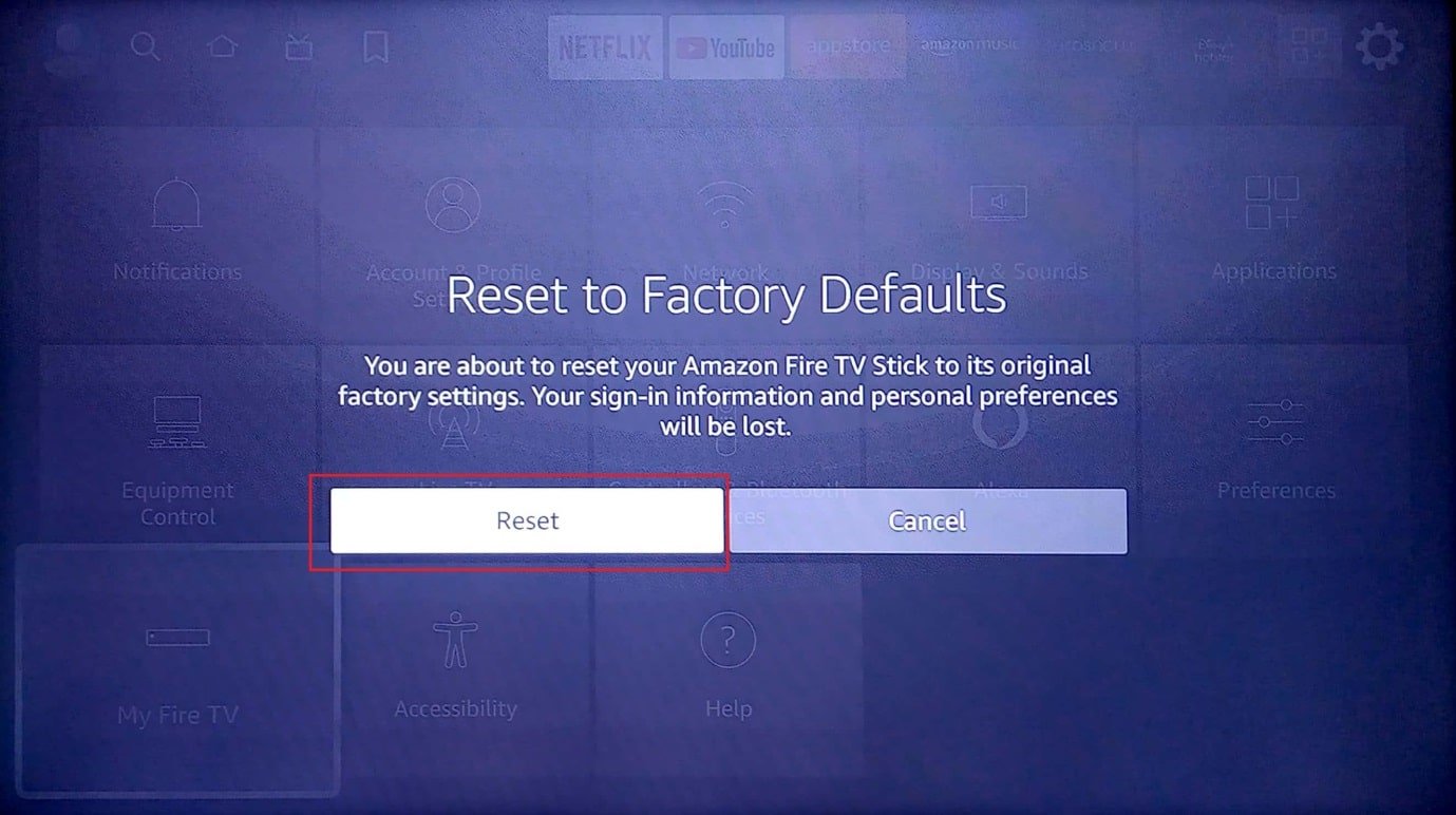 seleccione restablecer. cómo mejorar el rendimiento de Firestick