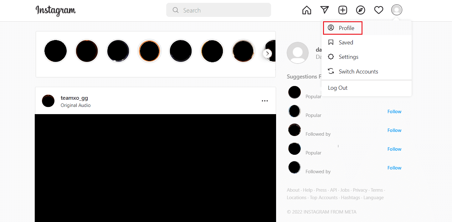 wybierz opcję profilu na stronie głównej pulpitu Instagram