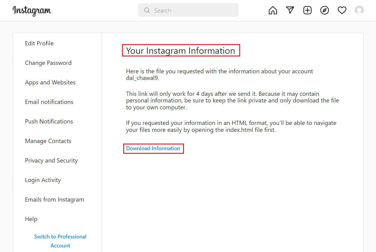 kliknij opcję pobierania informacji na komputerowej wersji strony na Instagramie