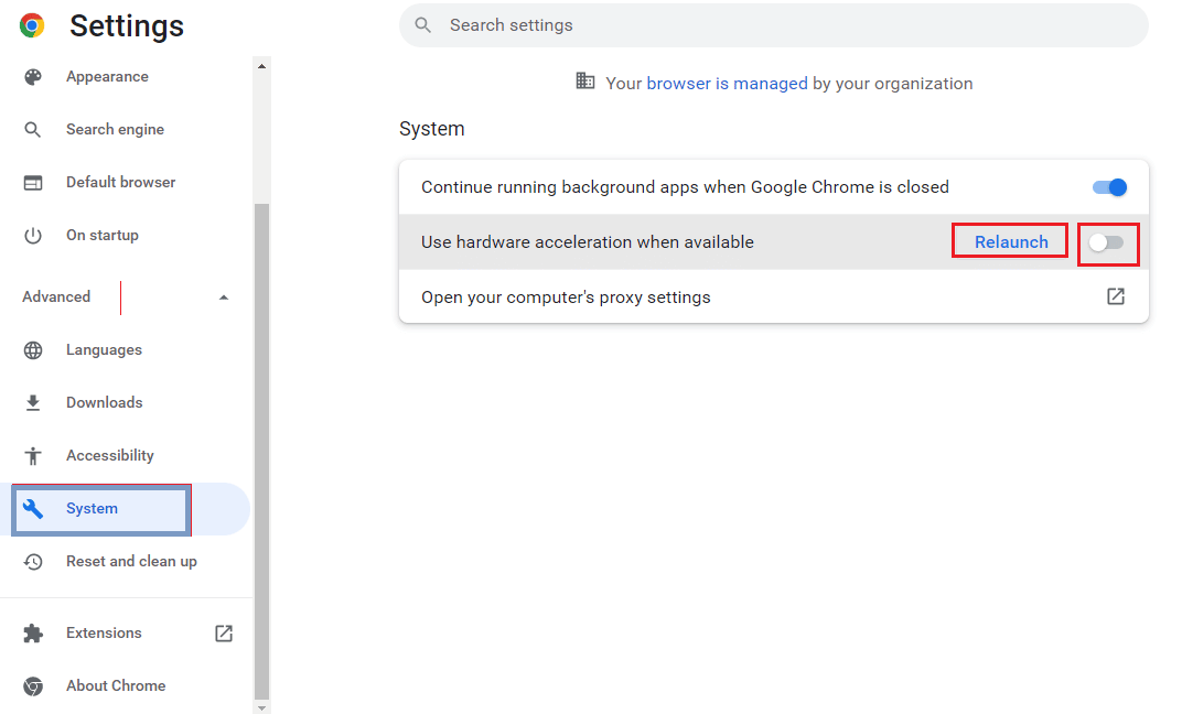 Desactive la opción Usar aceleración de hardware cuando esté disponible y haga clic en el botón Relanzar. Solucionar el error de video 5 en las diapositivas de Google