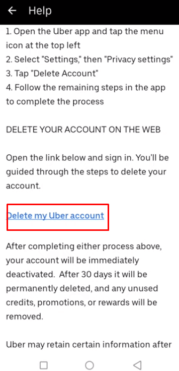 Ahora desplácese hacia abajo en la página de términos y condiciones, para ubicar Eliminar mi cuenta de Uber y tóquela.