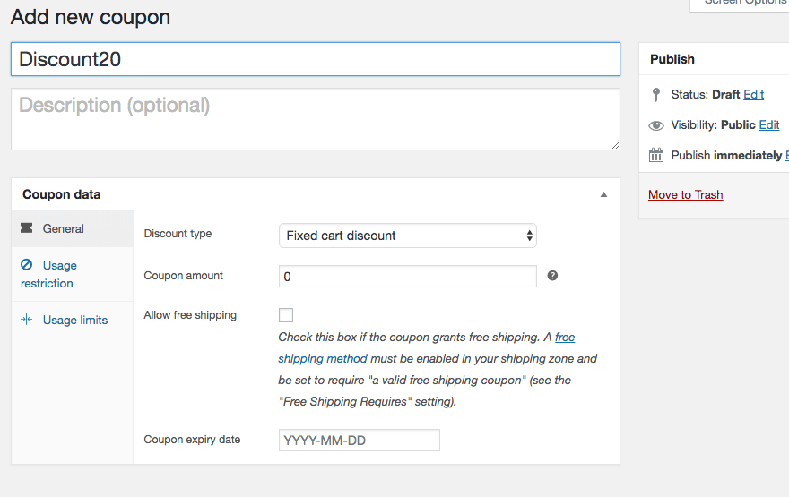 Agregar un nuevo código de cupón.