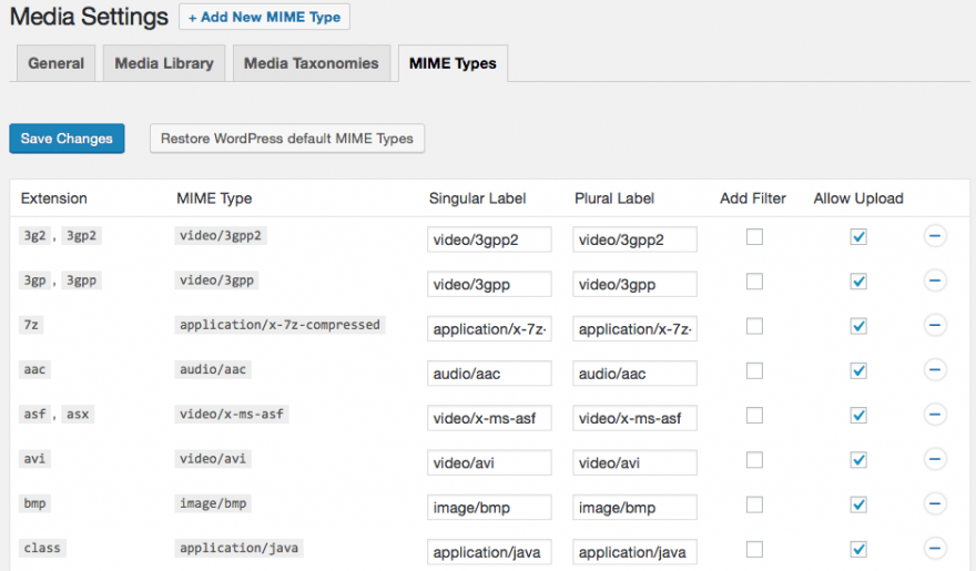 Configuración de tipo de biblioteca multimedia mejorada MIME.