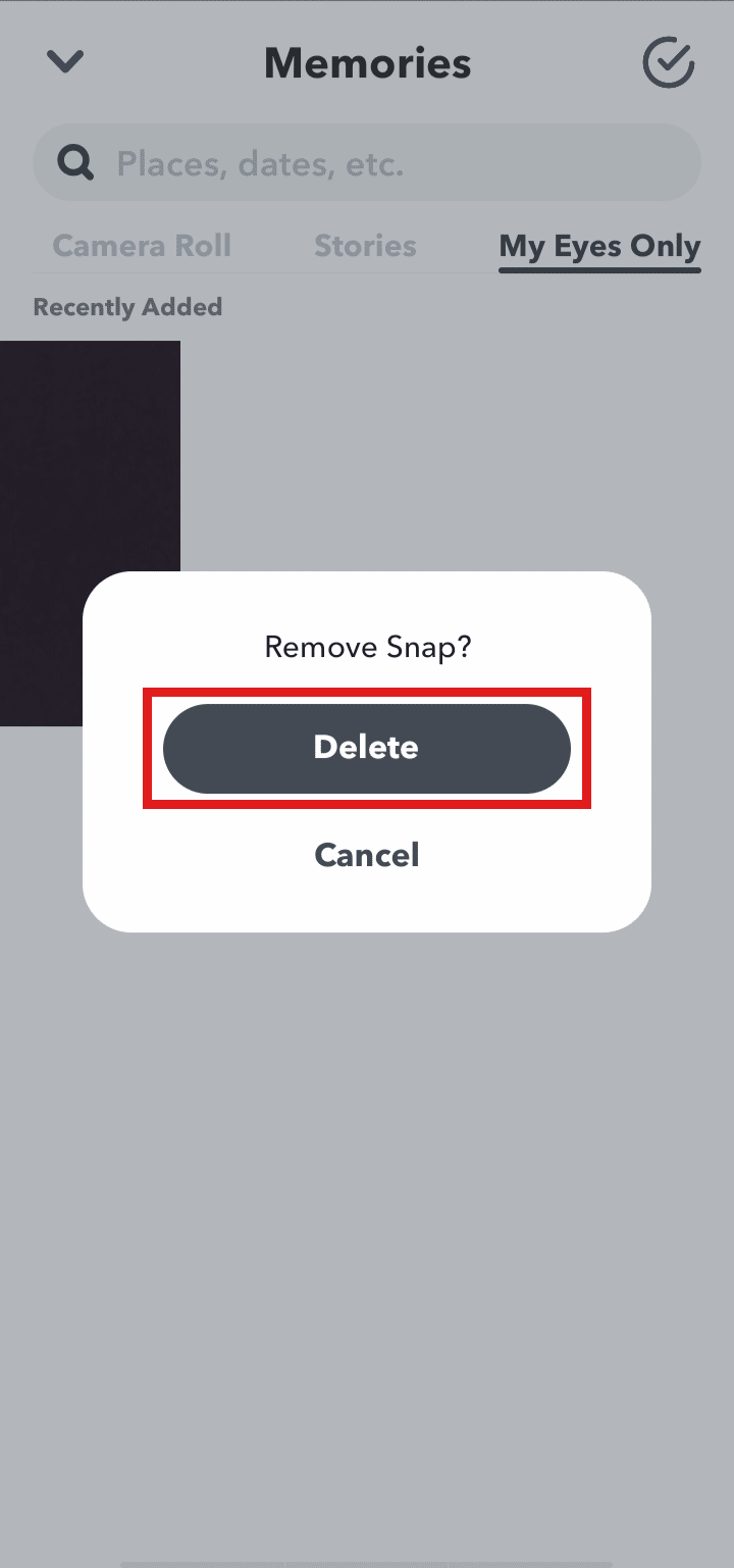 Toque Eliminar para confirmar su acción.  |  Cómo eliminar solo mis ojos en Snapchat