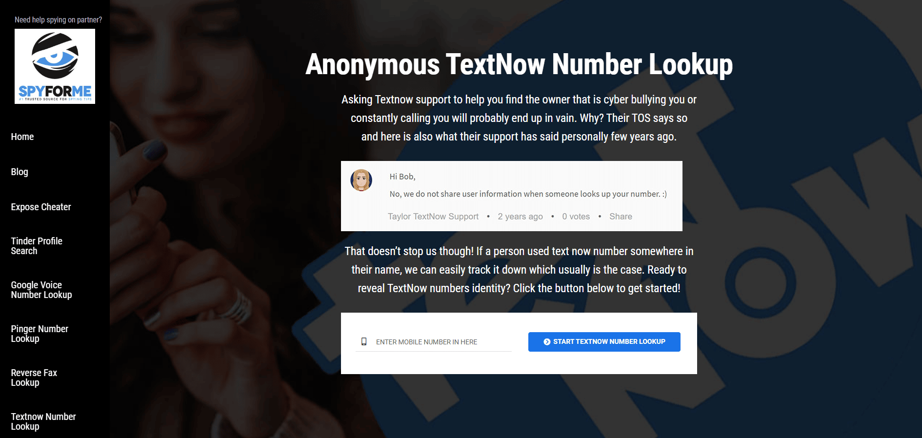 Vaya a la herramienta de búsqueda de números anónimos de TextNow en un navegador.