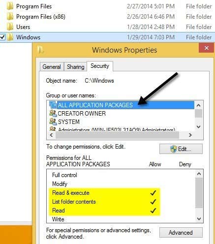 todos los permisos del paquete de aplicaciones
