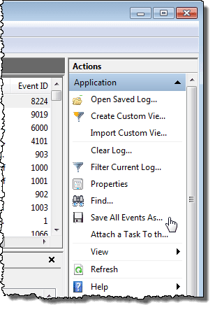 Seleccionar Guardar todos los eventos como de la lista de acciones