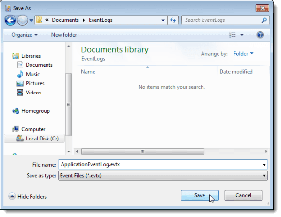 Guardar un archivo de registro de eventos