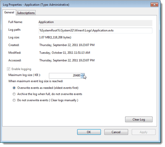 Cambiar el tamaño máximo de registro