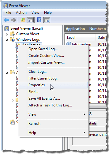 Obtener las propiedades de un registro de eventos