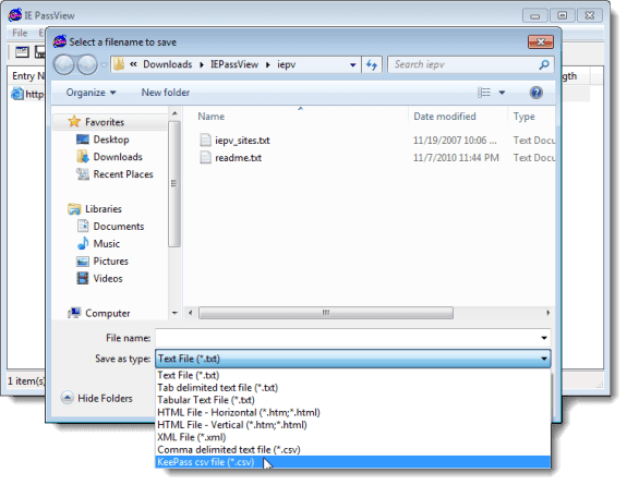 Selección de formato de archivo KeePass .csv