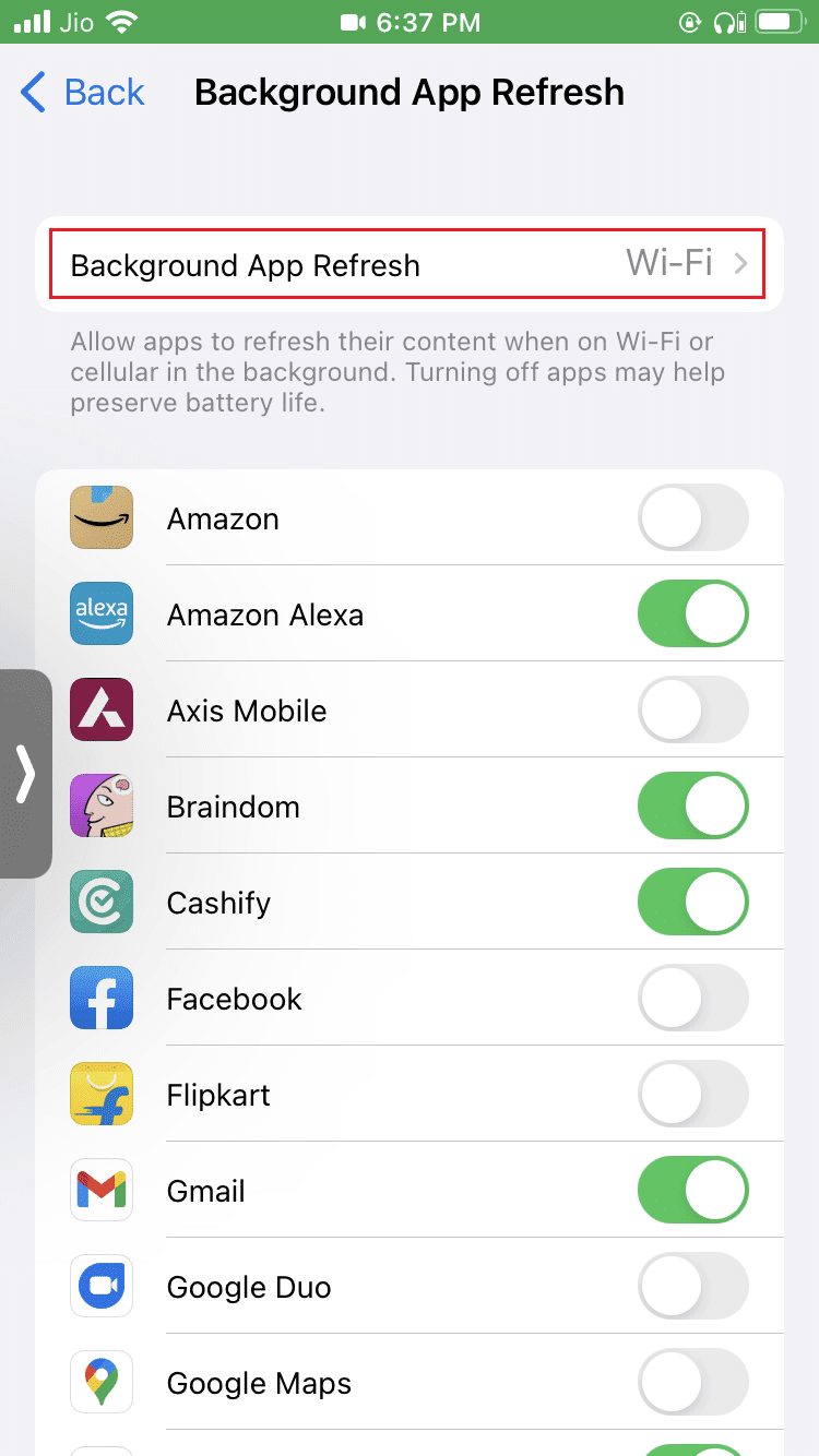 toque la opción de actualización de la aplicación en segundo plano en el iPhone