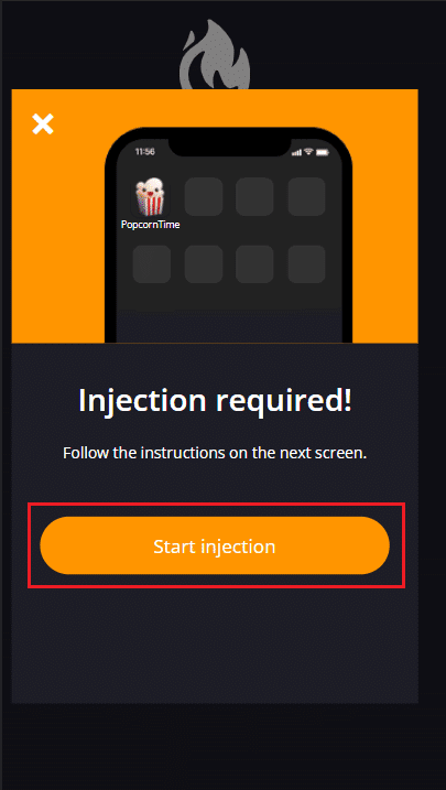 toque la opción Iniciar inyección en el sitio web de iTweak