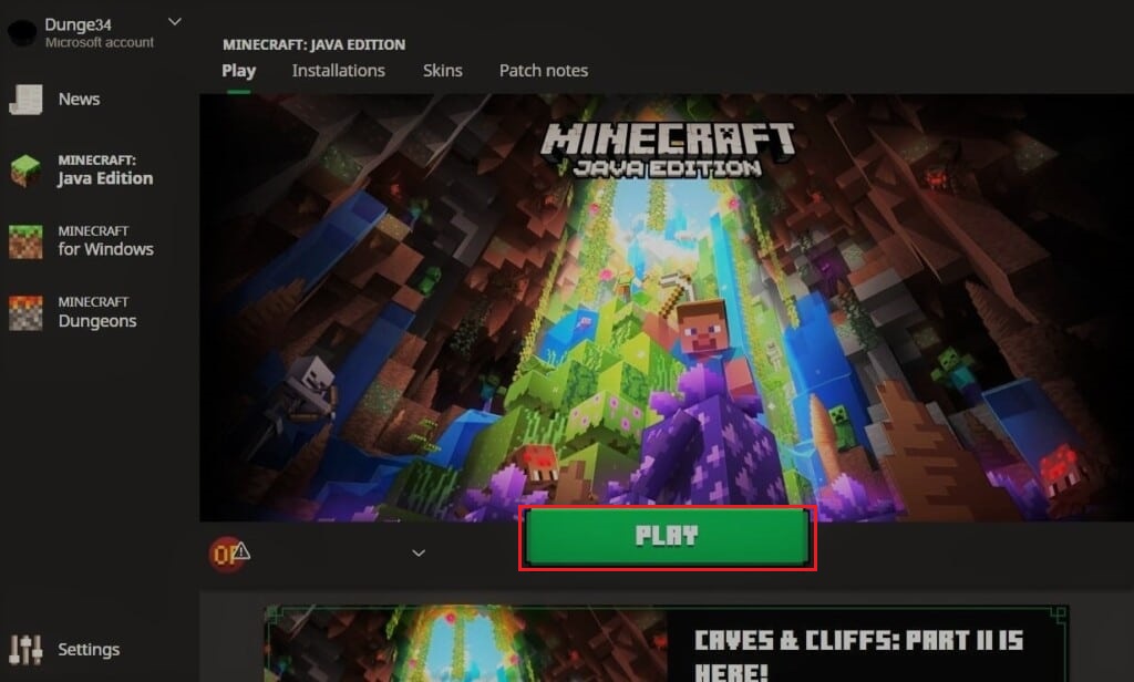 haga clic en el botón Reproducir en Minecraft Launcher