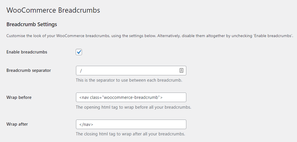 Configuración del complemento WooCommerce Breadcrumbs