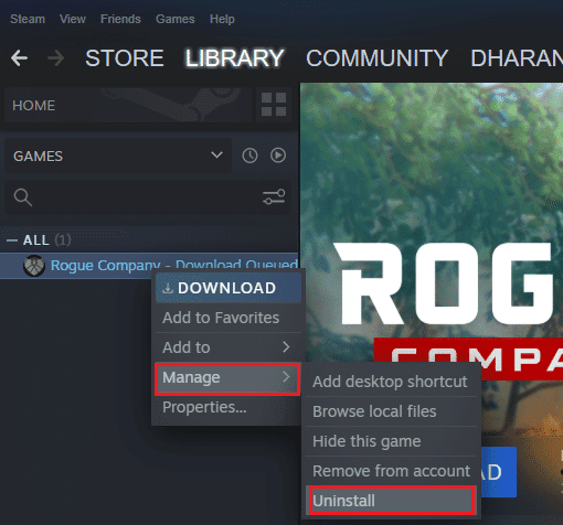 seleccione la opción Administrar seguida de Desinstalar.  Arreglar PUBG que no funciona en Windows 10
