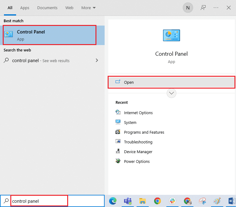 Presione la tecla de Windows y escriba Panel de control.  Ahora, haga clic en Abrir.  Cómo desbloquear sitios web en Chrome