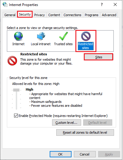 Ahora, cambie a la pestaña Seguridad y luego haga clic en la opción Sitios restringidos seguido del botón Sitios.  Cómo desbloquear sitios web en Chrome