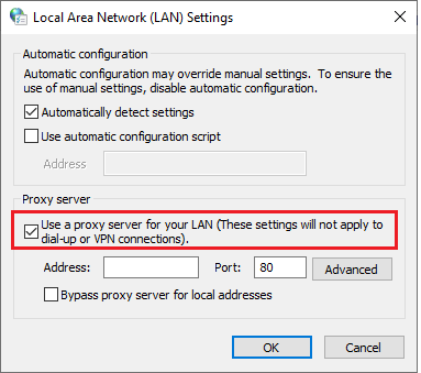 Aquí, marque la casilla Usar un servidor proxy para su LAN.  Cómo desbloquear sitios web en Chrome