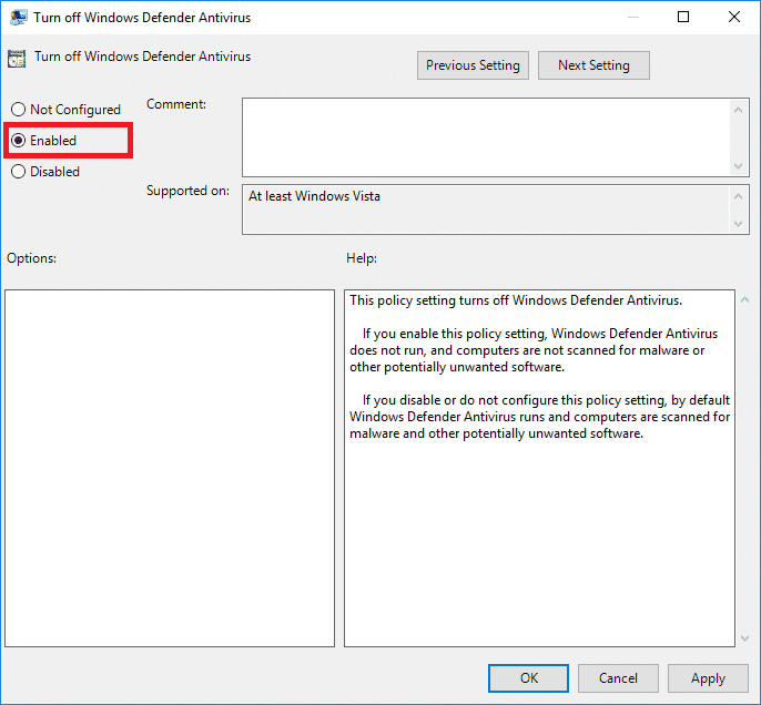 seleccione la opción Habilitado en Desactivar la función Windows Defender en el editor de políticas de grupo local