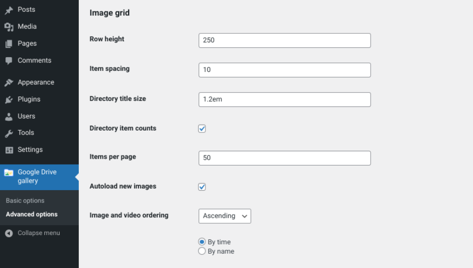 Configuración del complemento de la galería de imágenes y videos.