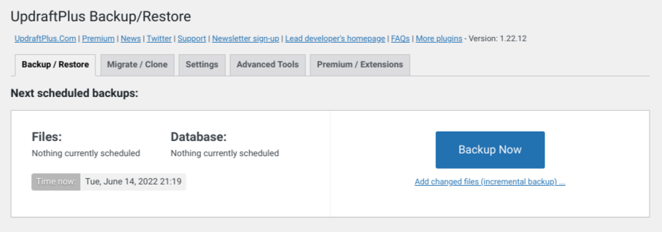 Interfaz del complemento UpdraftPlus.