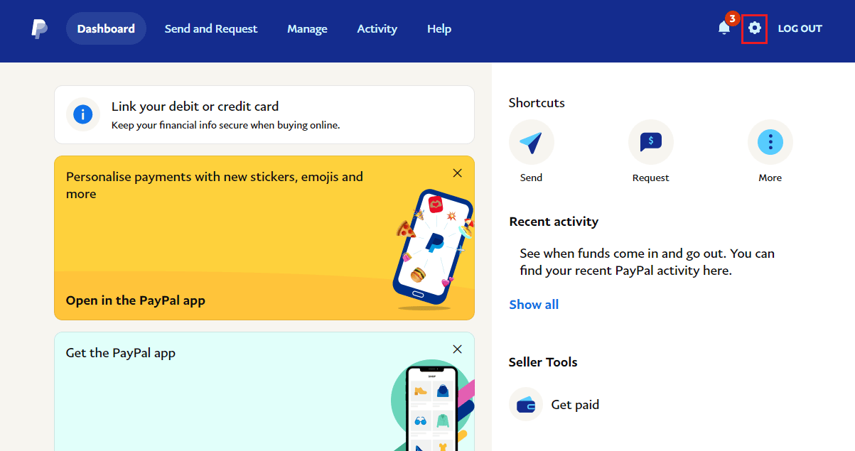 Haga clic en el icono de engranaje de configuración.  Arreglar PayPal incapaz de procesar la solicitud