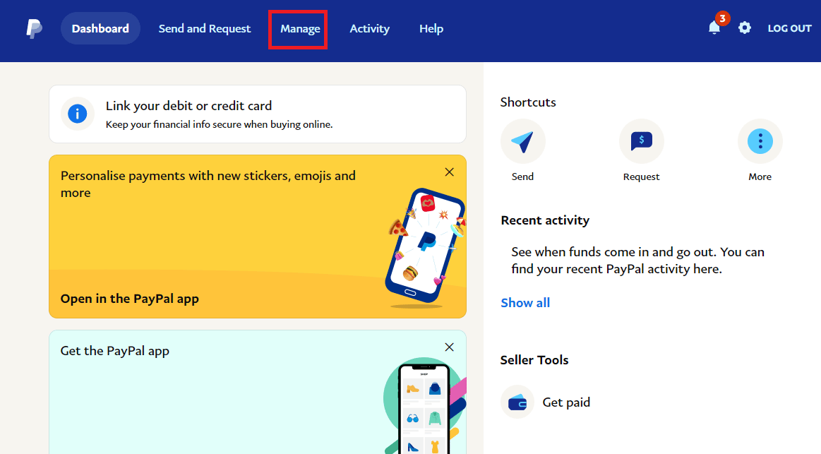   Haga clic en Administrar.  Arreglar PayPal incapaz de procesar la solicitud