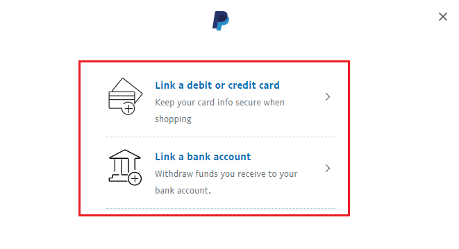 Seleccione Vincular una tarjeta de débito o crédito o Vincular una cuenta bancaria