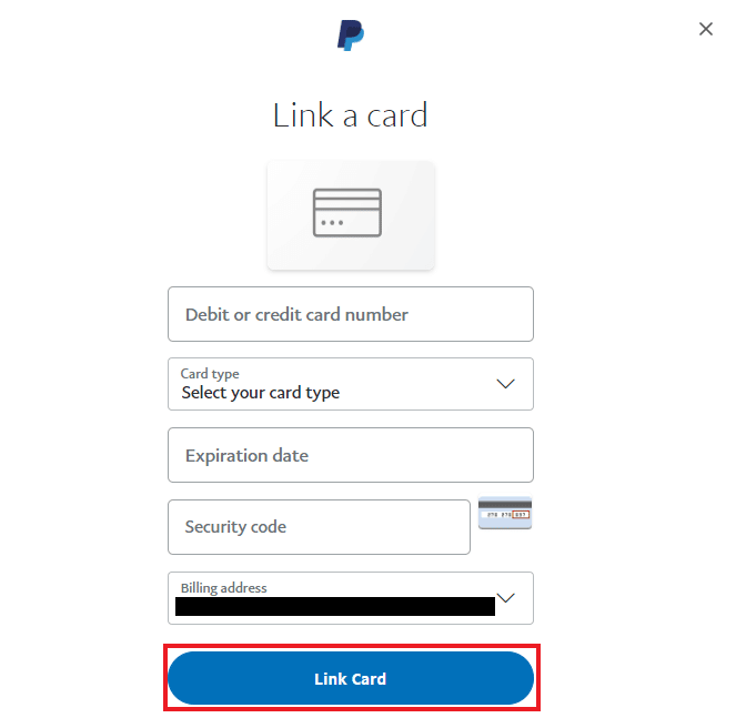 Haga clic en Vincular tarjeta.  Arreglar PayPal incapaz de procesar la solicitud