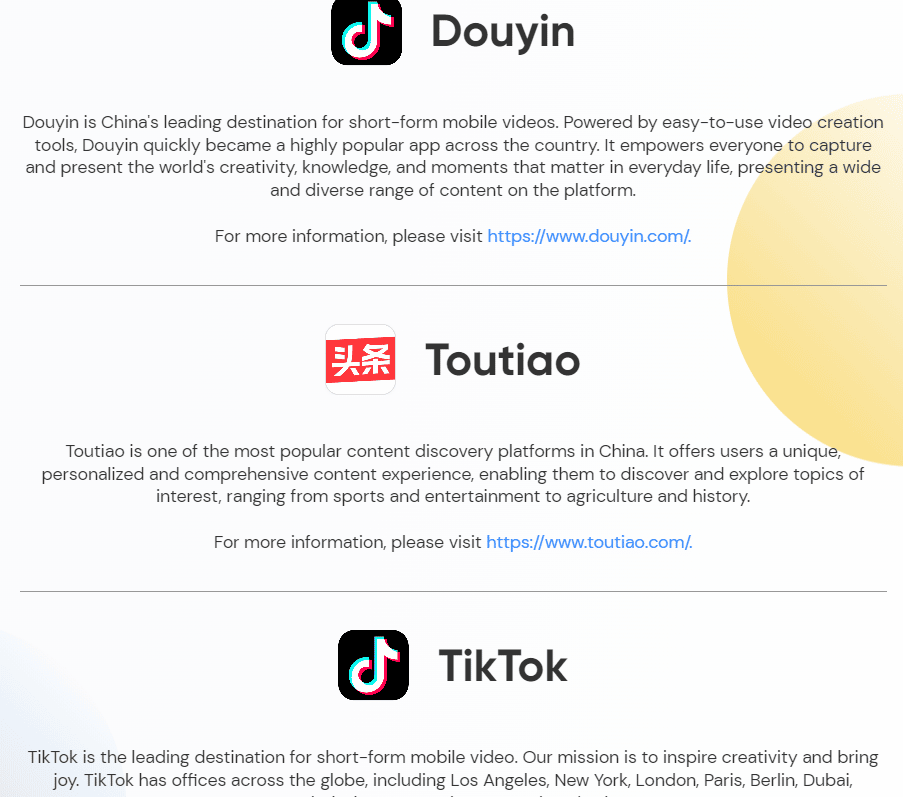 Página de productos de ByteDance |  2 cuentas de TikTok en el mismo dispositivo