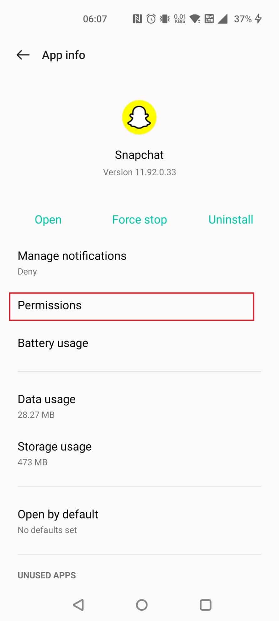 Seleccione Snapchat y toque Permisos