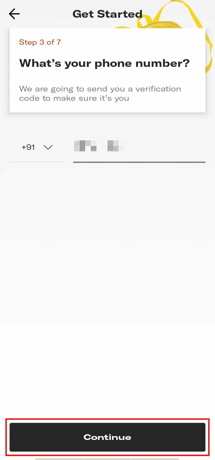 Ingrese su número de teléfono y toque Continuar. | Cómo eliminar la lista de Depop