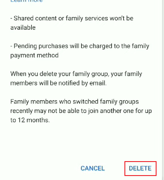 Desliza hacia abajo y toca ELIMINAR |  ¿Qué es el Plan familiar en YouTube Premium?  |  abandonar el grupo familiar de Google
