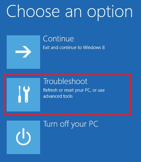 Seleccione la opción Solucionar problemas.  Solucione el problema del dispositivo de arranque en Windows 10