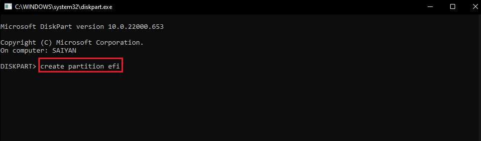 crear partición comando efi