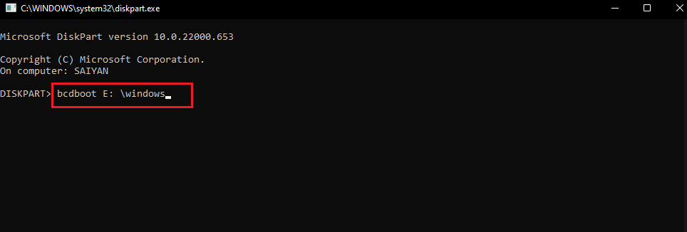Comando bcdboot E de Windows