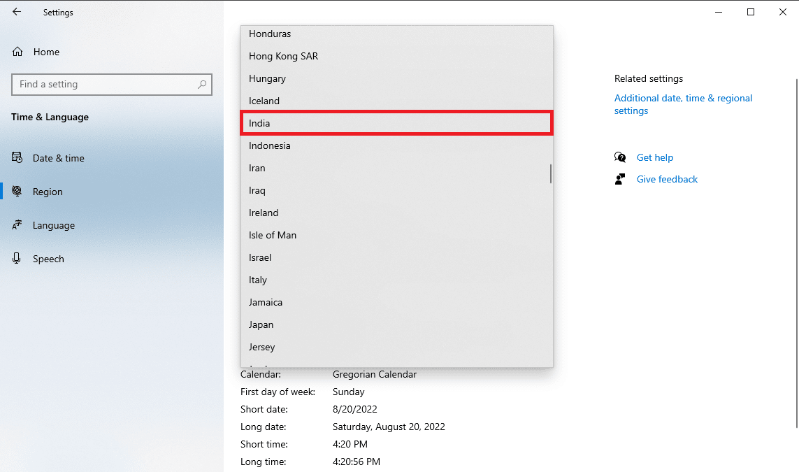 Desde el País o región seleccione la región correcta
